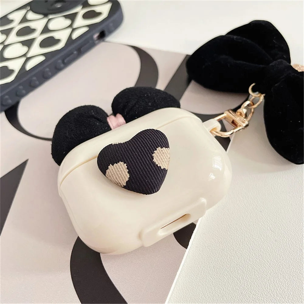 For Apple AirPods 3 Lovely Bow Decor Heart Pattern Earphone Case TPU Protective Cover with Plush Big Bow Pendant - 6