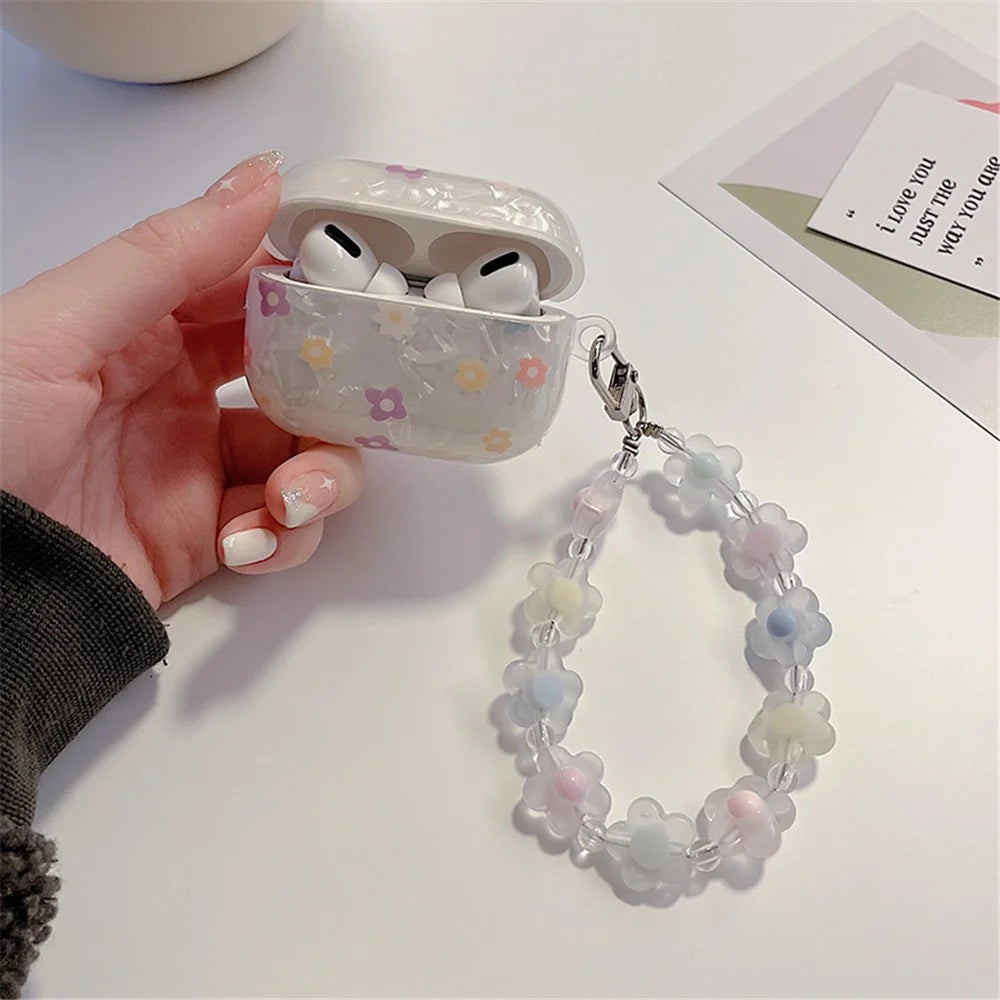 For Apple AirPods Pro Flower Pattern Anti-fall TPU Bluetooth-compatible Earphone Cover Flower Hand Strap Design Protective Case - 5
