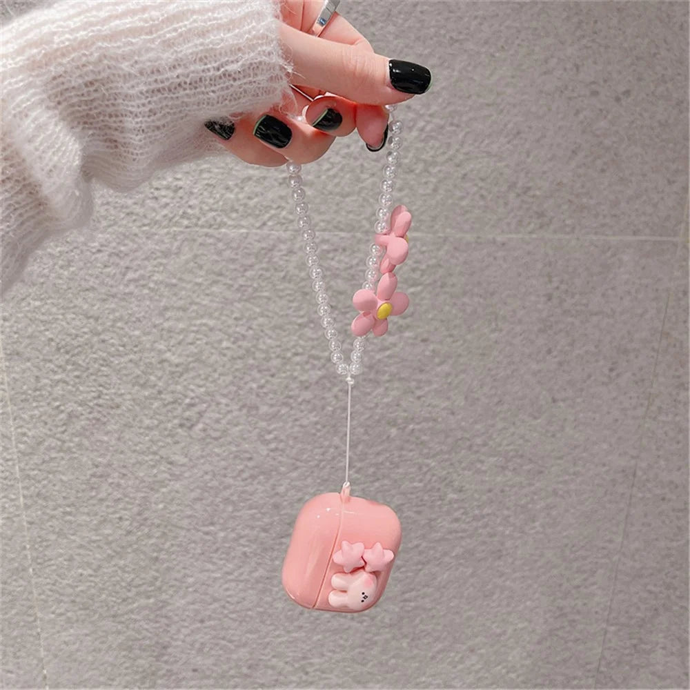 For Apple AirPods 3 Cute Rabbit Stars Soft TPU Earphone Case Protective Cover with Flower Pear Handy Strap - 2