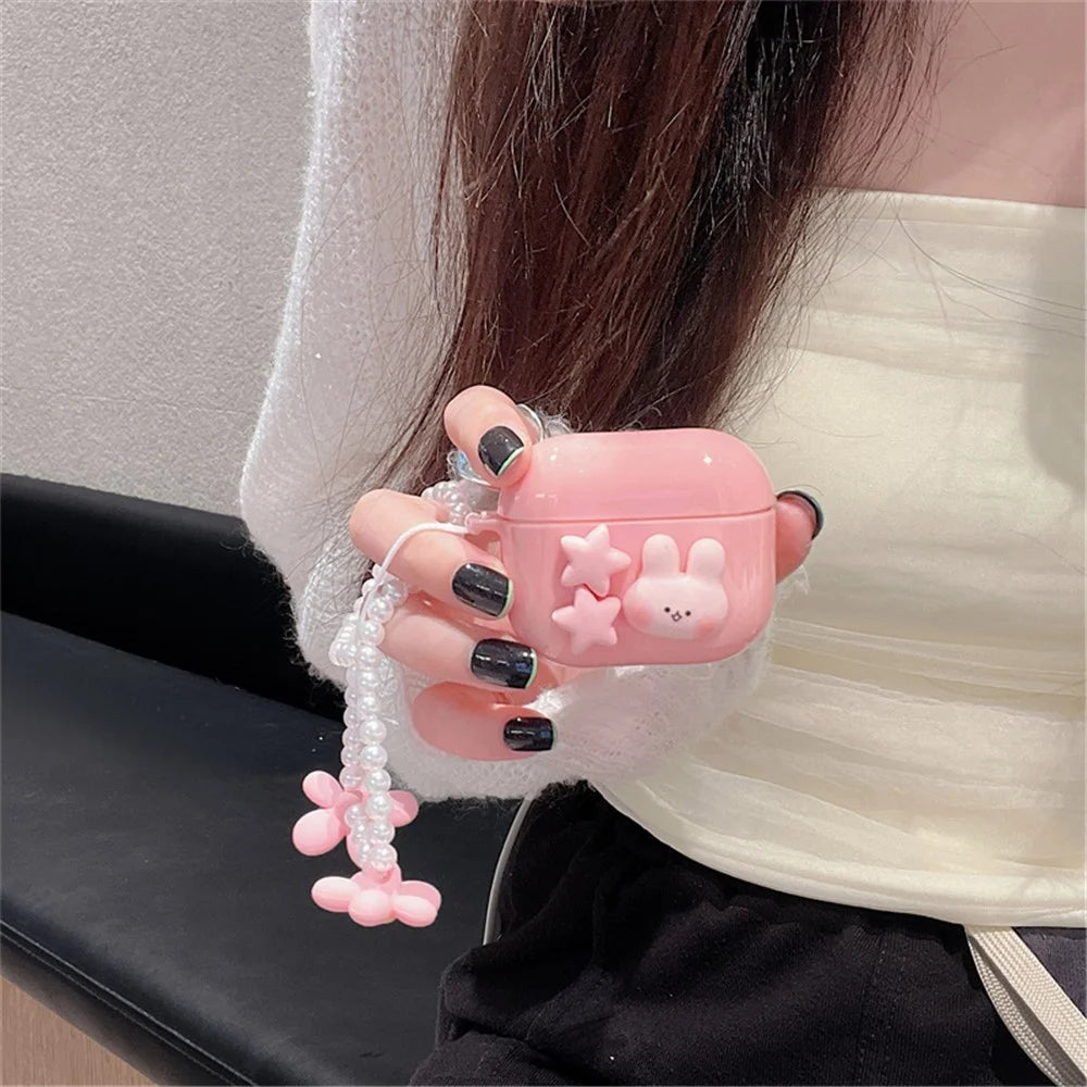 For Apple AirPods 3 Cute Rabbit Stars Soft TPU Earphone Case Protective Cover with Flower Pear Handy Strap - 3