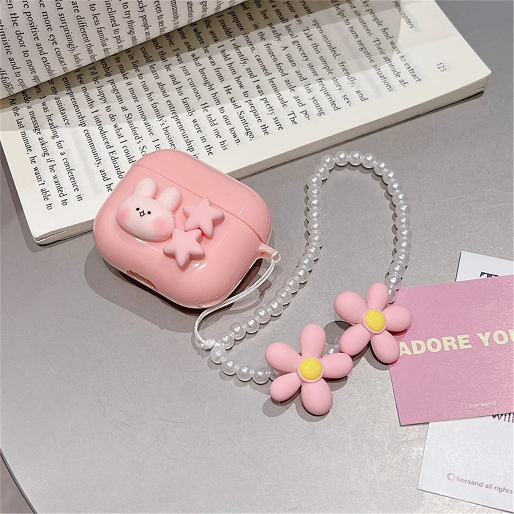 For Apple AirPods 3 Cute Rabbit Stars Soft TPU Earphone Case Protective Cover with Flower Pear Handy Strap - 7