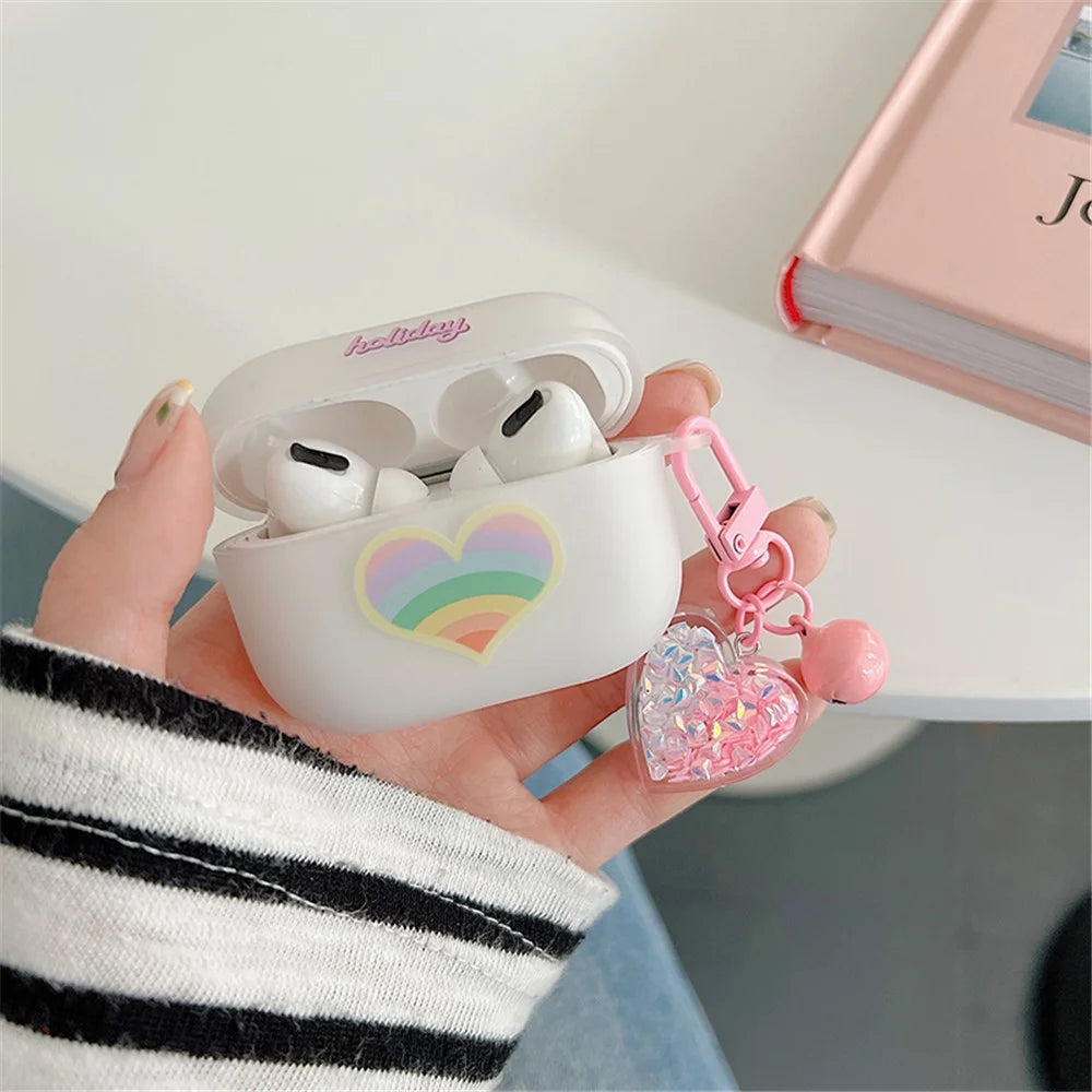For Apple AirPods Pro Soft TPU Protective Cover Rainbow Heart Pattern Anti-fall Earphone Case with Heart Pendant - 3