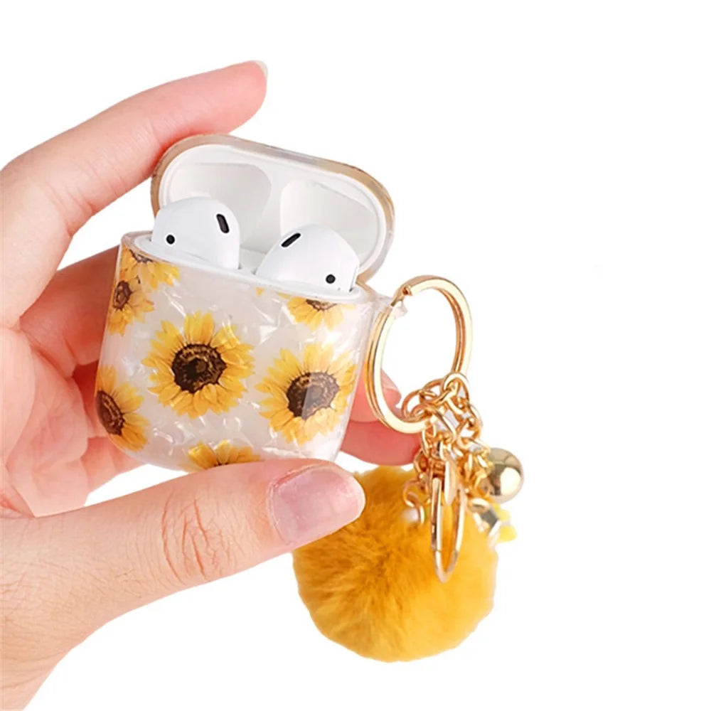 For Apple AirPods with Charging Case (2016) / (2019) / AirPods with Wireless Charging Case (2019) Shockproof TPU Cover Shell Texture Sunflower Pattern Headset Case with Hair-Ball Pendant - 1