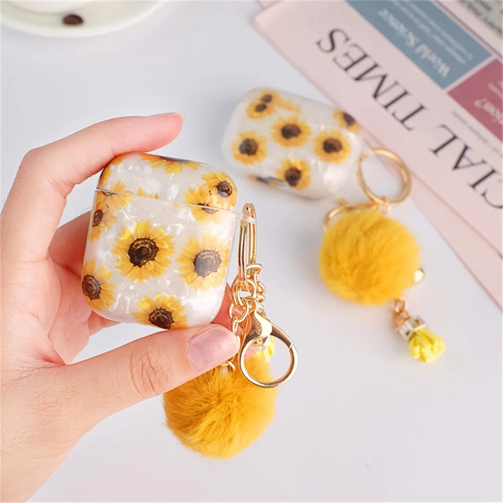For Apple AirPods with Charging Case (2016) / (2019) / AirPods with Wireless Charging Case (2019) Shockproof TPU Cover Shell Texture Sunflower Pattern Headset Case with Hair-Ball Pendant - 2