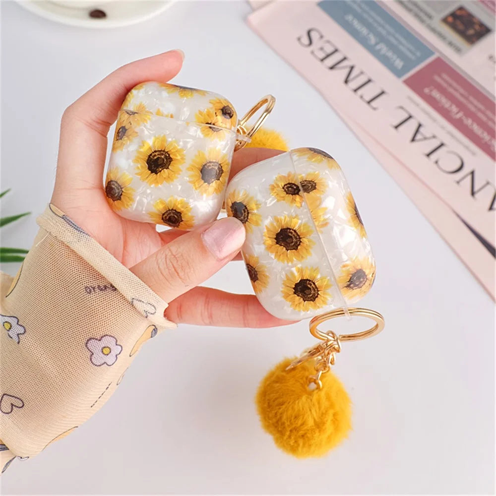 For Apple AirPods with Charging Case (2016) / (2019) / AirPods with Wireless Charging Case (2019) Shockproof TPU Cover Shell Texture Sunflower Pattern Headset Case with Hair-Ball Pendant - 4