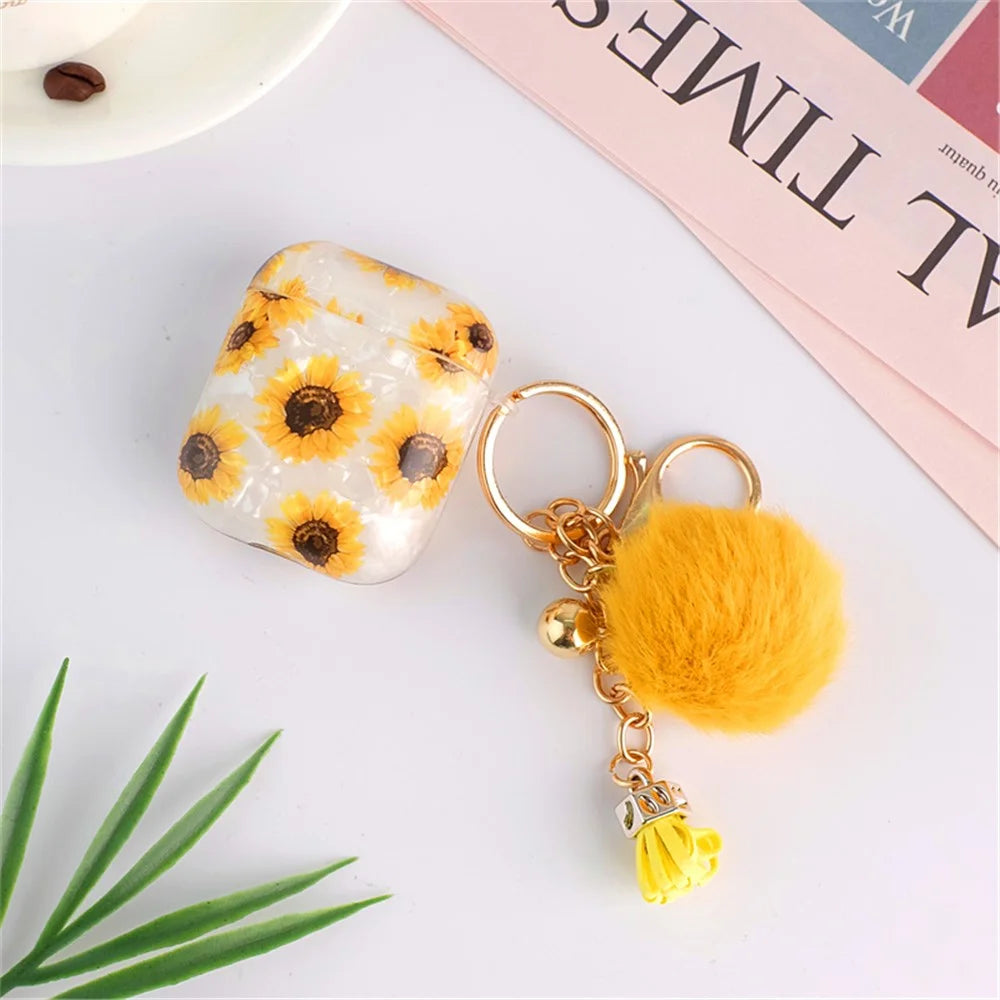 For Apple AirPods with Charging Case (2016) / (2019) / AirPods with Wireless Charging Case (2019) Shockproof TPU Cover Shell Texture Sunflower Pattern Headset Case with Hair-Ball Pendant - 6