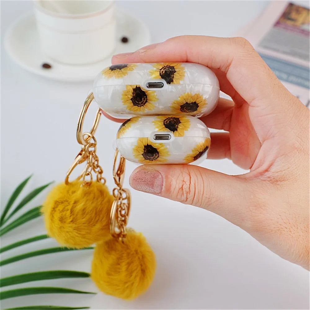 For Apple AirPods with Charging Case (2016) / (2019) / AirPods with Wireless Charging Case (2019) Shockproof TPU Cover Shell Texture Sunflower Pattern Headset Case with Hair-Ball Pendant - 7