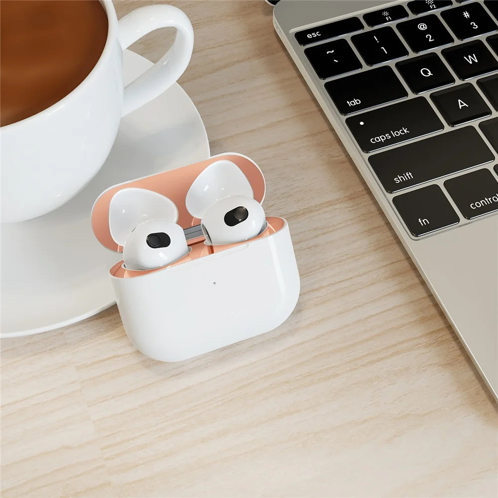 AHASTYLE PT68-3 Dustproof Sticker for Apple AirPods 3, Earphone Charging Case Ultra Thin Metal Nickel Sheet Decal - Rose Gold - 6