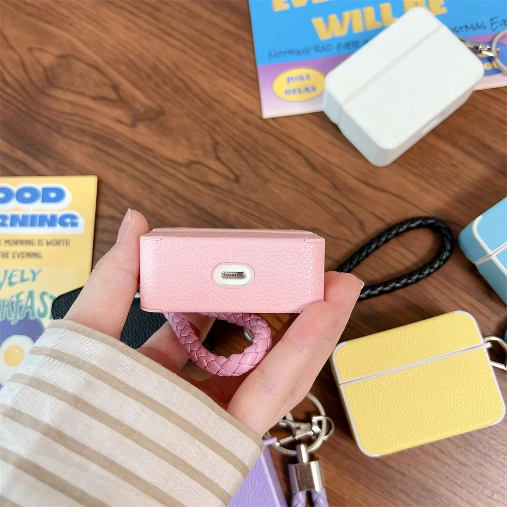 For Apple AirPods Pro 2 Protective Case Litchi Texture PU+TPU Bluetooth-compatible Earbuds Charging Case Cover with Strap - Yellow - 4
