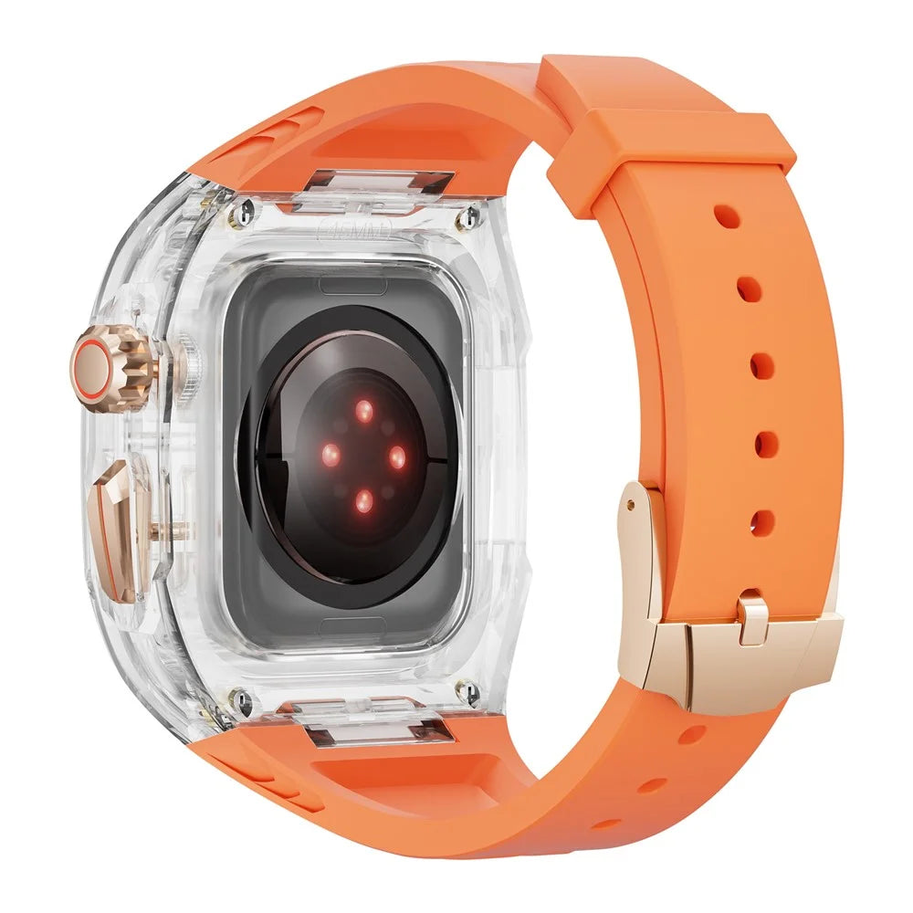 For Apple Watch 9 / 8 / 7 45mm / SE (2023) / SE (2022) / SE / 6 / 5 / 4 44mm TPU Watch Band with PC Case - Orange Transparent - 1