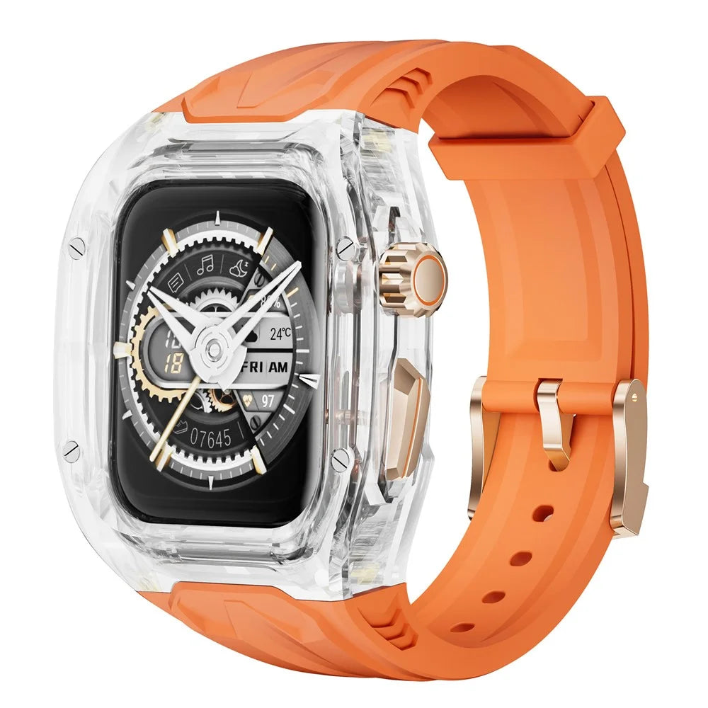 For Apple Watch 9 / 8 / 7 45mm / SE (2023) / SE (2022) / SE / 6 / 5 / 4 44mm TPU Watch Band with PC Case - Orange Transparent - 3