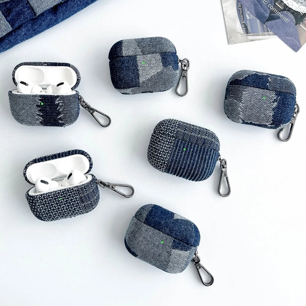 Protective Case for AirPods Pro 2 Splicing Denim Bluetooth-compatible Earphone Cover with Metal Hook - Style A - 6