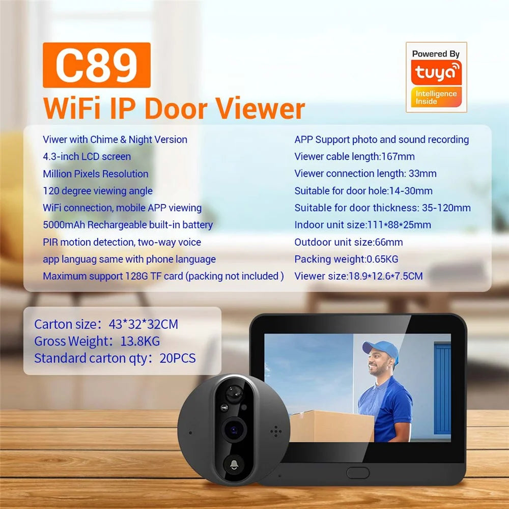 C89 4.3-inch Monitor 1080P Video Viewer Door Bell Night Vision PIR Camera WiFi Smart Doorbell, Support Tuya App - Grey - 2