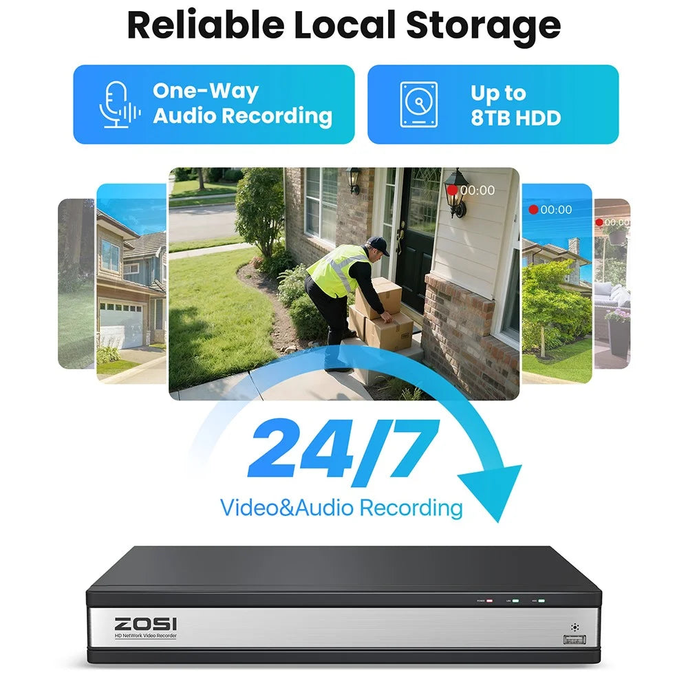 ZOSI 8Pcs Human Detection 100ft Night Vision 4MP Weatherproof PoE IP Security Cameras + 16CH 4K NVR with 4TB HDD - Black / UK Plug - 7