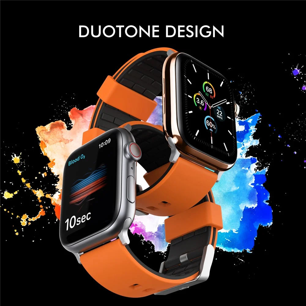 AHASTYLE WA11 Silicone Watch Band for Apple Watch Series 11 10 42mm / 9 8 7 41mm / SE3 SE2 SE 6 5 4 40mm / 3 2 1 38mm Contrast Colors Straps - Black+Orange - 3