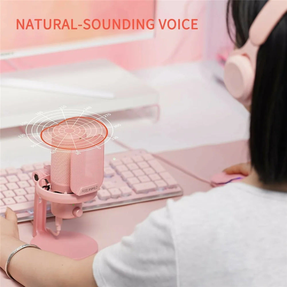 FEELWORLD VM1-XS-P USB Gaming Microphone One Touch Mute / Noise Cancellation RGB Light Cardioid Desktop Stand - Pink - 7