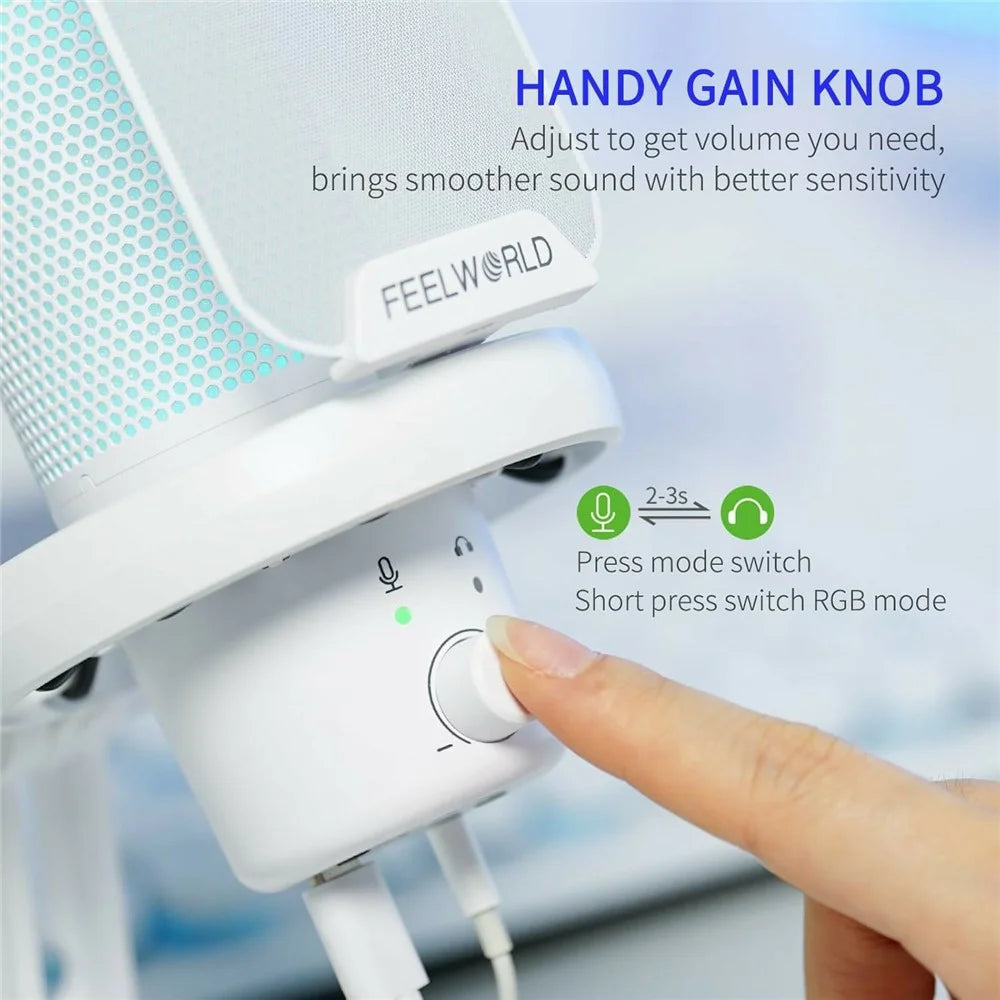 FEELWORLD VM1-XS-W USB Gaming Microphone One Click Noise Cancellation Mute Cardioid RGB Light Desktop Stand - White - 6