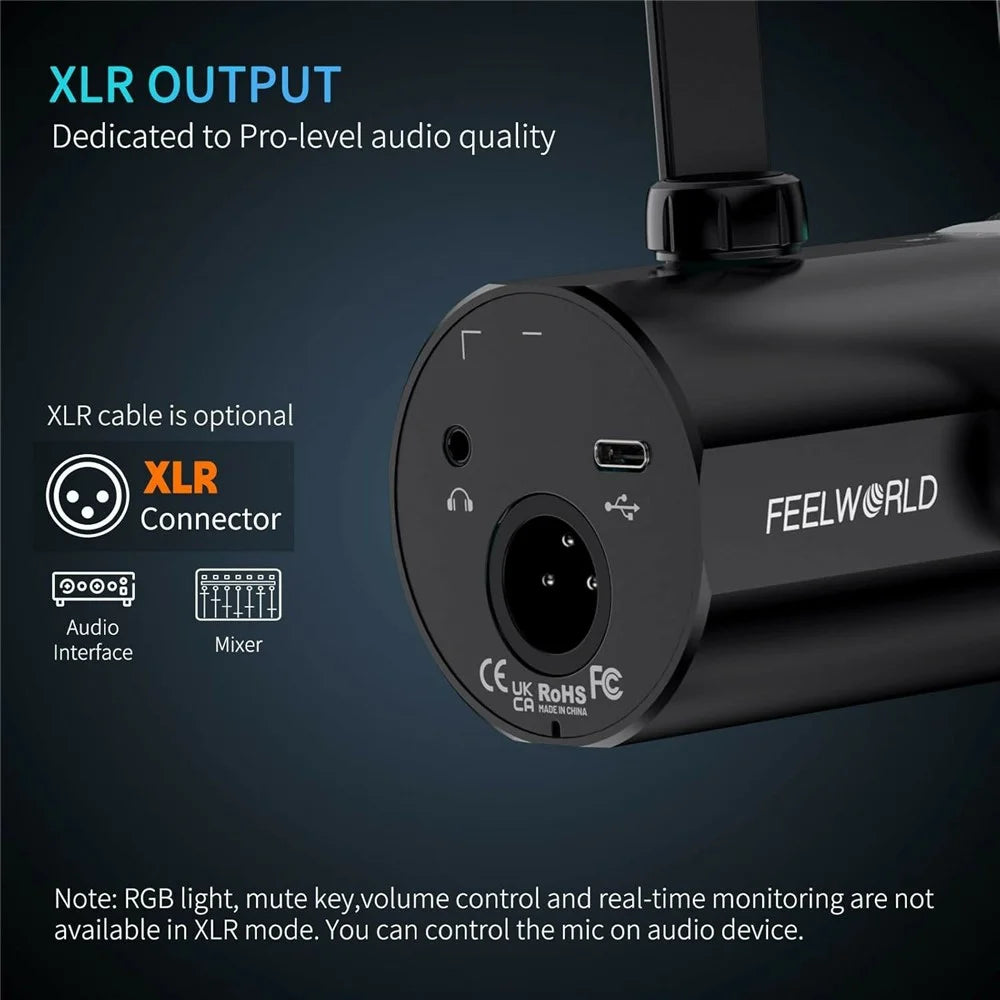 FEELWORLD PM1 Dynamic Microphone XLR / USB Podcast Gaming Streaming Recording Mic with RGB Lighting - Black - 3