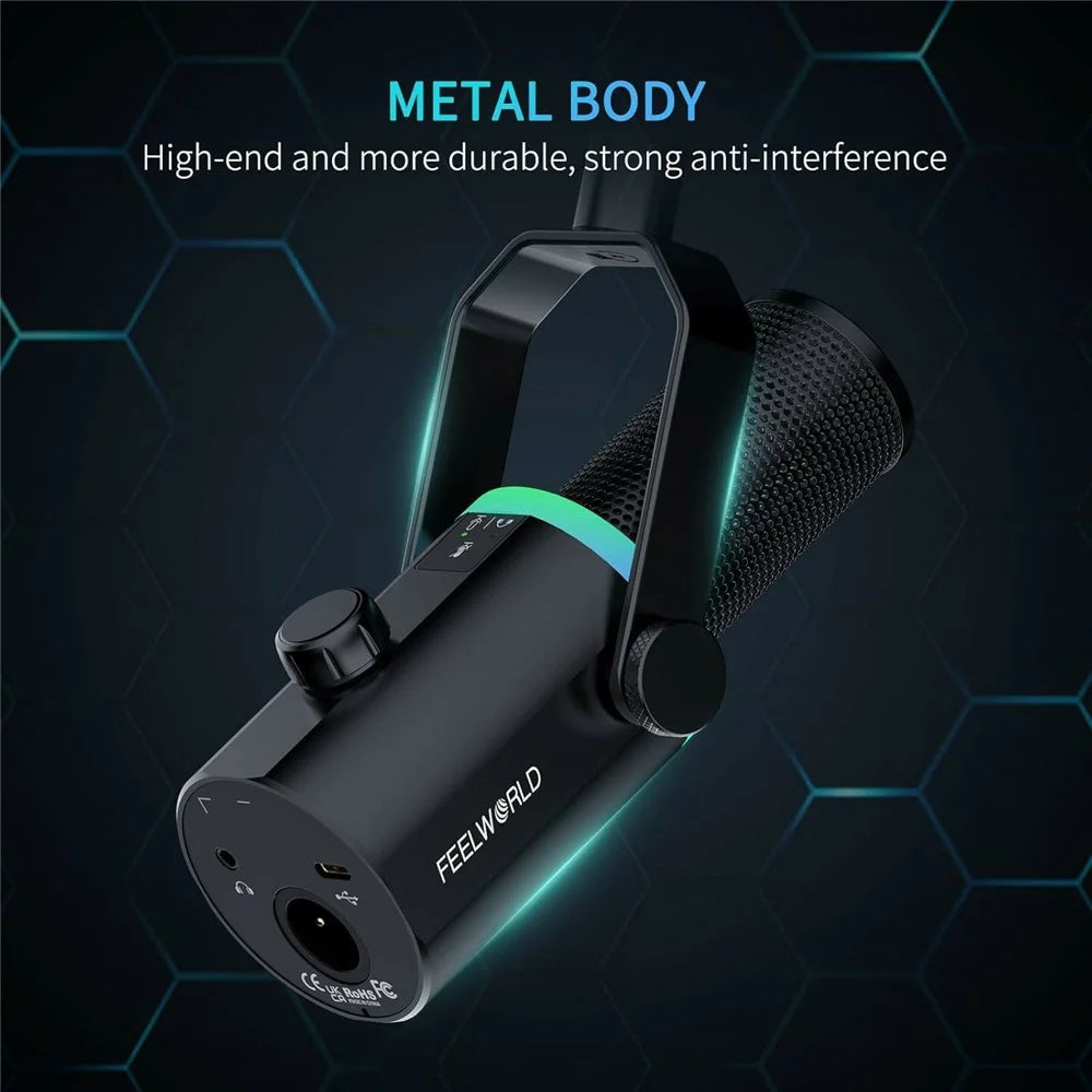 FEELWORLD PM1 Dynamic Microphone XLR / USB Podcast Gaming Streaming Recording Mic with RGB Lighting - Black - 5