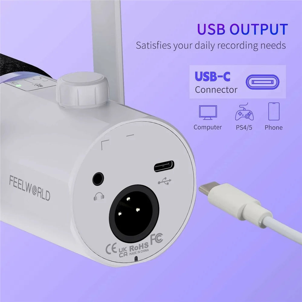 FEELWORLD PM1-W Dynamic Microphone XLR / USB Podcast Gaming Streaming Recording Mic with RGB Lighting - White - 6