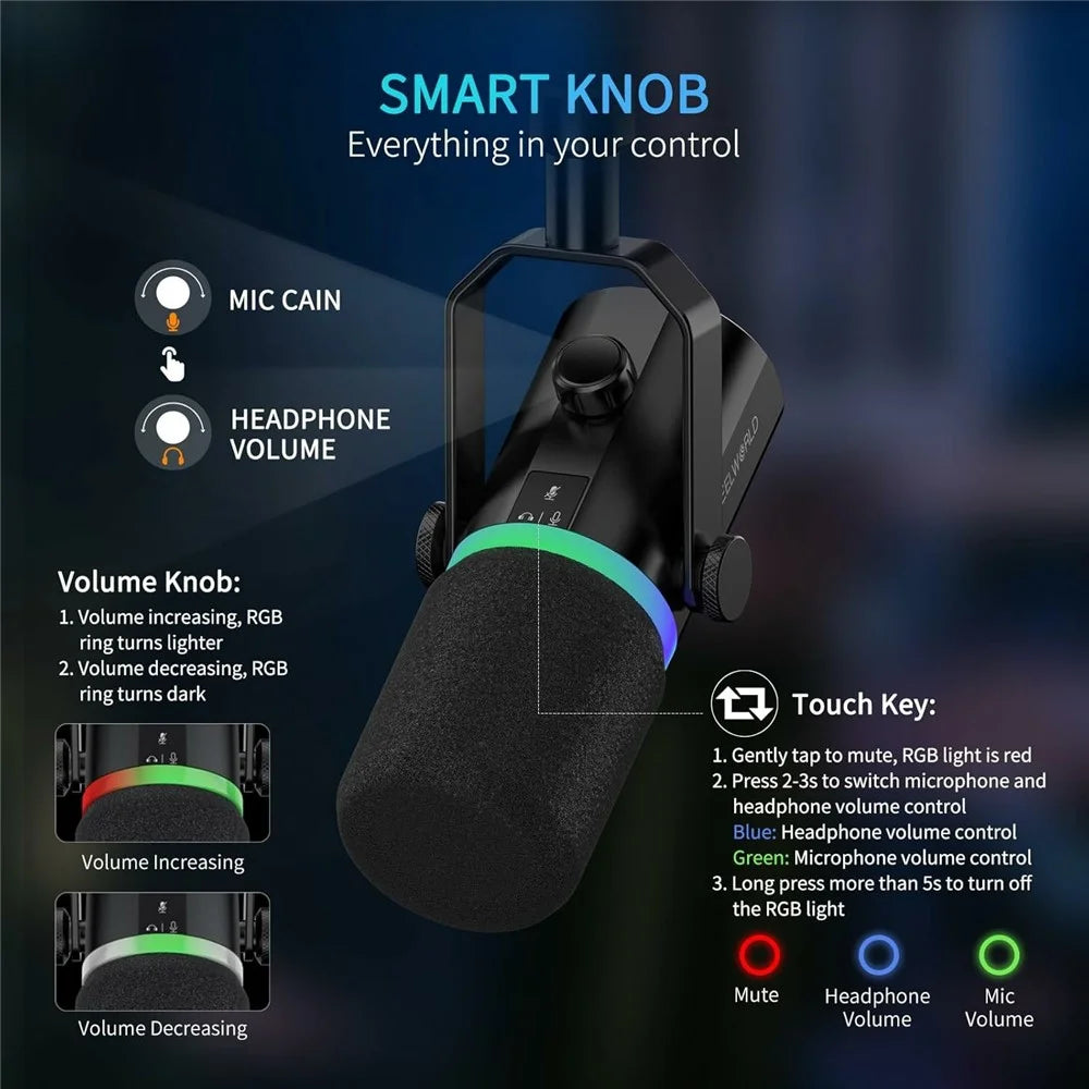 FEELWORLD PM1-XS Dynamic Microphone with Stand XLR / USB Dual Output Desktop Mic for Recording / Gaming / Streaming - Black - 6