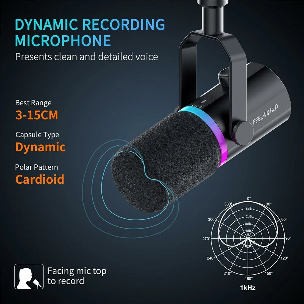 FEELWORLD PM1-XS Dynamic Microphone with Stand XLR / USB Dual Output Desktop Mic for Recording / Gaming / Streaming - Black - 7
