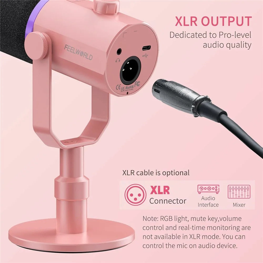 FEELWORLD PM1-XS-P RGB Lighting Dynamic Microphone XLR / USB Dual Output Desktop Mic with 3.5mm Headphone Jack - Pink - 4