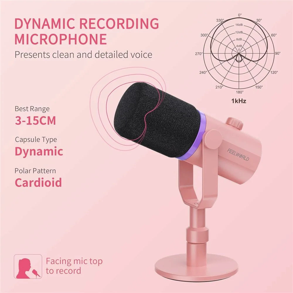 FEELWORLD PM1-XS-P RGB Lighting Dynamic Microphone XLR / USB Dual Output Desktop Mic with 3.5mm Headphone Jack - Pink - 5
