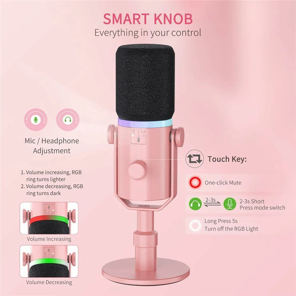 FEELWORLD PM1-XS-P RGB Lighting Dynamic Microphone XLR / USB Dual Output Desktop Mic with 3.5mm Headphone Jack - Pink - 6