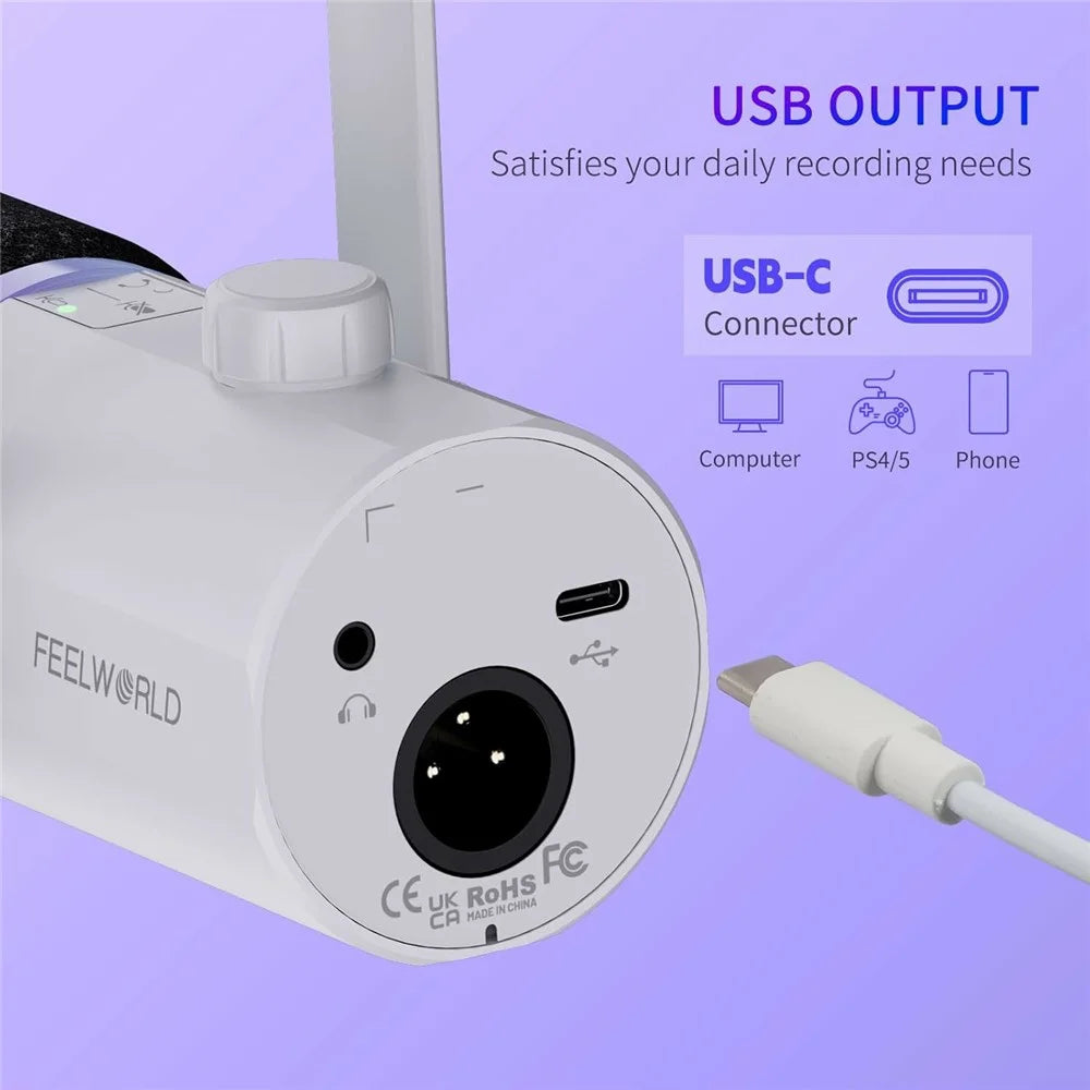 FEELWORLD PM1-XS-W XLR / USB Dual Output Desktop Mic for Recording / Gaming / Streaming Professional Dynamic Microphone - White - 5