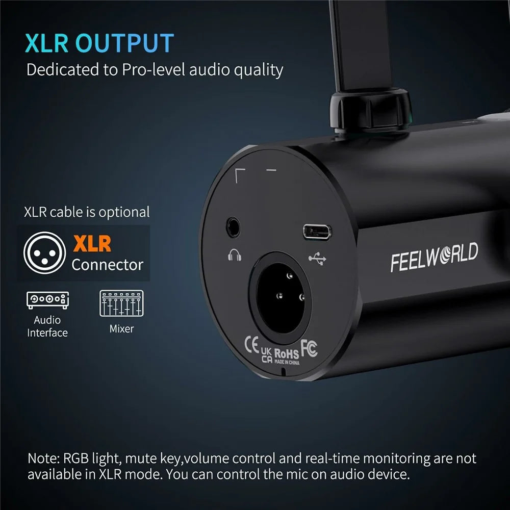 FEELWORLD PM1-AS Dynamic Microphone with Boom Arm Stand XLR / USB Dual Output for Podcast Recording / Gaming / Live Streaming - Black - 2