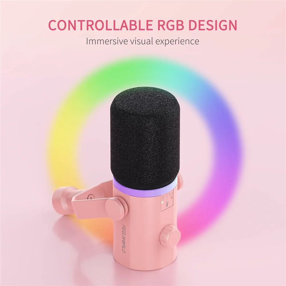 FEELWORLD PM1-AS-P Dynamic Microphone with Boom Arm Stand XLR / USB Dual Output for Podcast Recording / Gaming / Live Streaming - Pink - 3