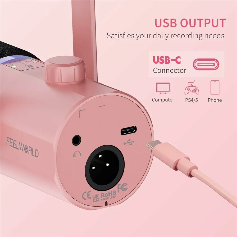 FEELWORLD PM1-AS-P Dynamic Microphone with Boom Arm Stand XLR / USB Dual Output for Podcast Recording / Gaming / Live Streaming - Pink - 6