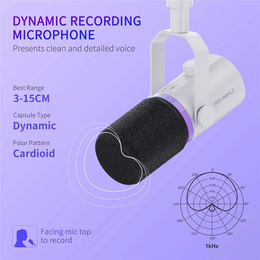 FEELWORLD PM1-AS-W Dynamic Microphone with Boom Arm Stand XLR / USB Dual Output for Podcast Recording / Gaming / Live Streaming - White - 6