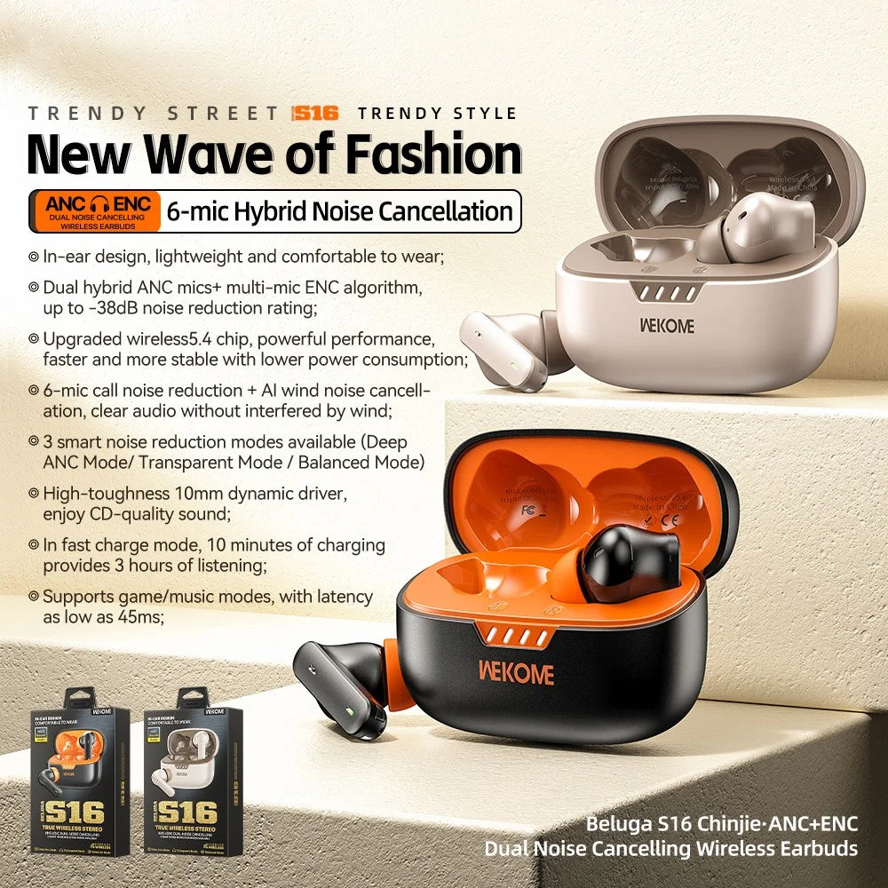 WEKOME Beluga S16 Bluetooth-compatible Earbuds ANC ENC Dual Noise Cancellation Wireless Headphones - Black / Orange - 6