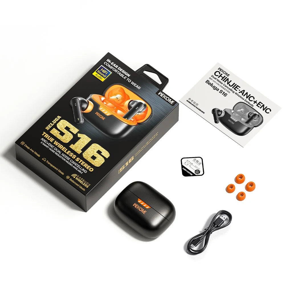 WEKOME Beluga S16 Bluetooth-compatible Earbuds ANC ENC Dual Noise Cancellation Wireless Headphones - Black / Orange - 7