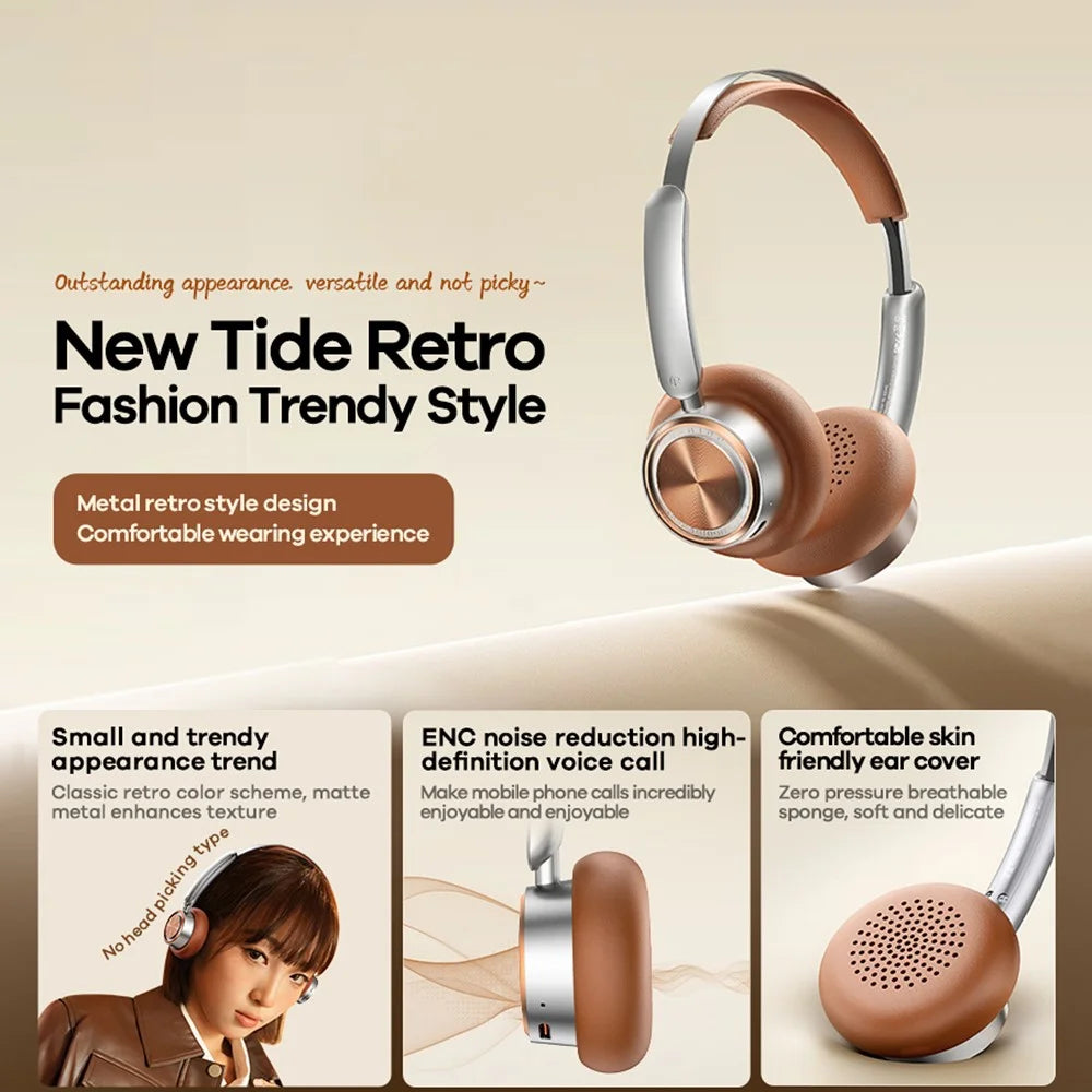 REMAX RB-830HB Wireless Headphones Retro Portable On-Ear Bluetooth-compatible Headset with ENC Noise Cancellation - Brown - 2