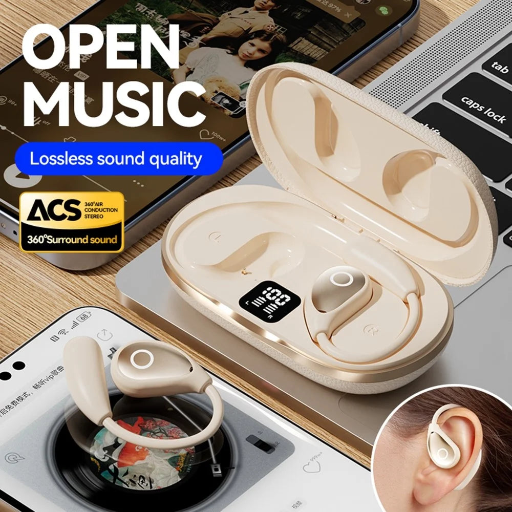 144 Languages Translator Bluetooth-compatible Earphones Open Ear AI Translation Earbuds with Leather Coated Charging Case - Nude - 6