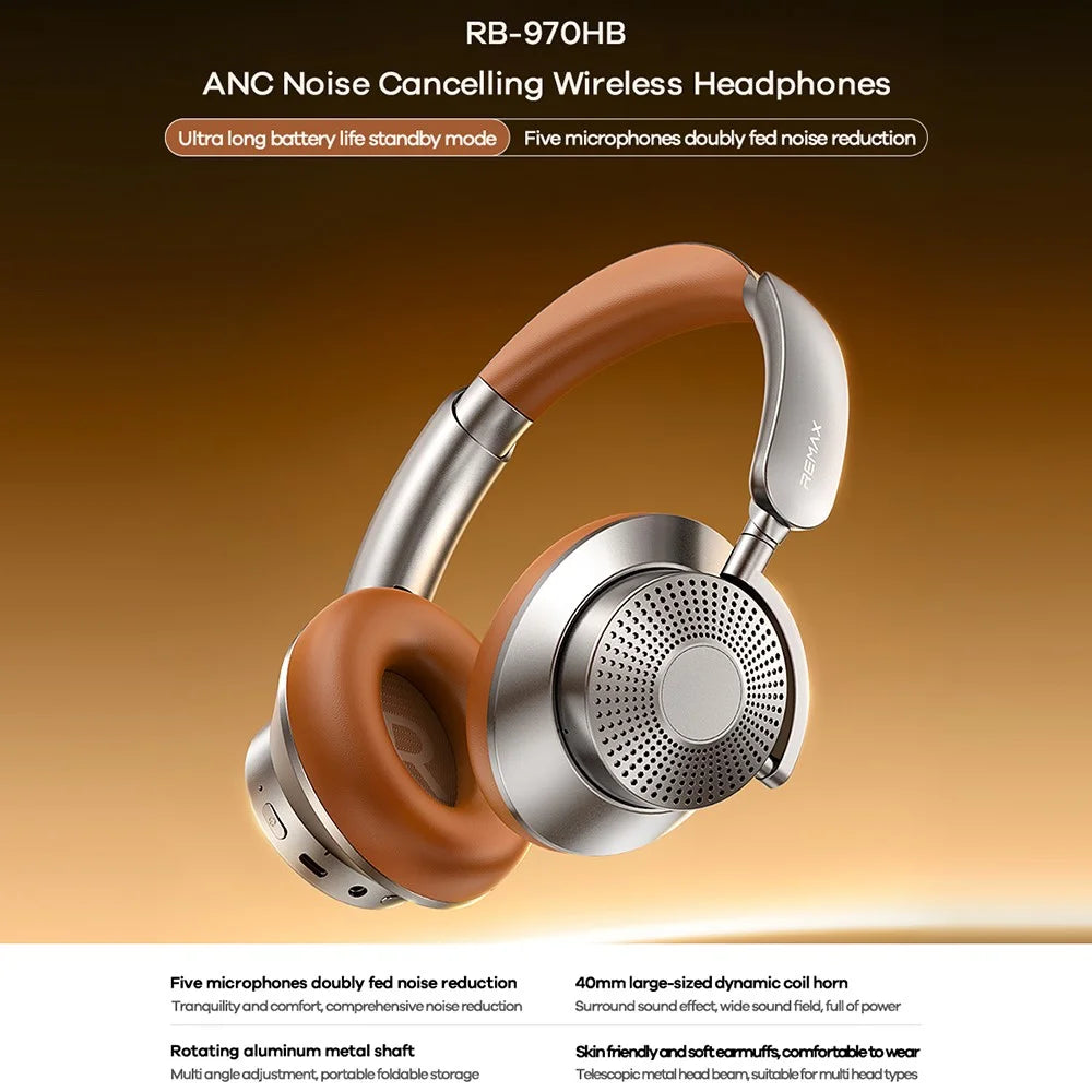 REMAX RB-970HB Wireless Over-Ear Headphones ANC Noise Canceling Bluetooth-Compatible Headset with Soft Earpads - Black - 2