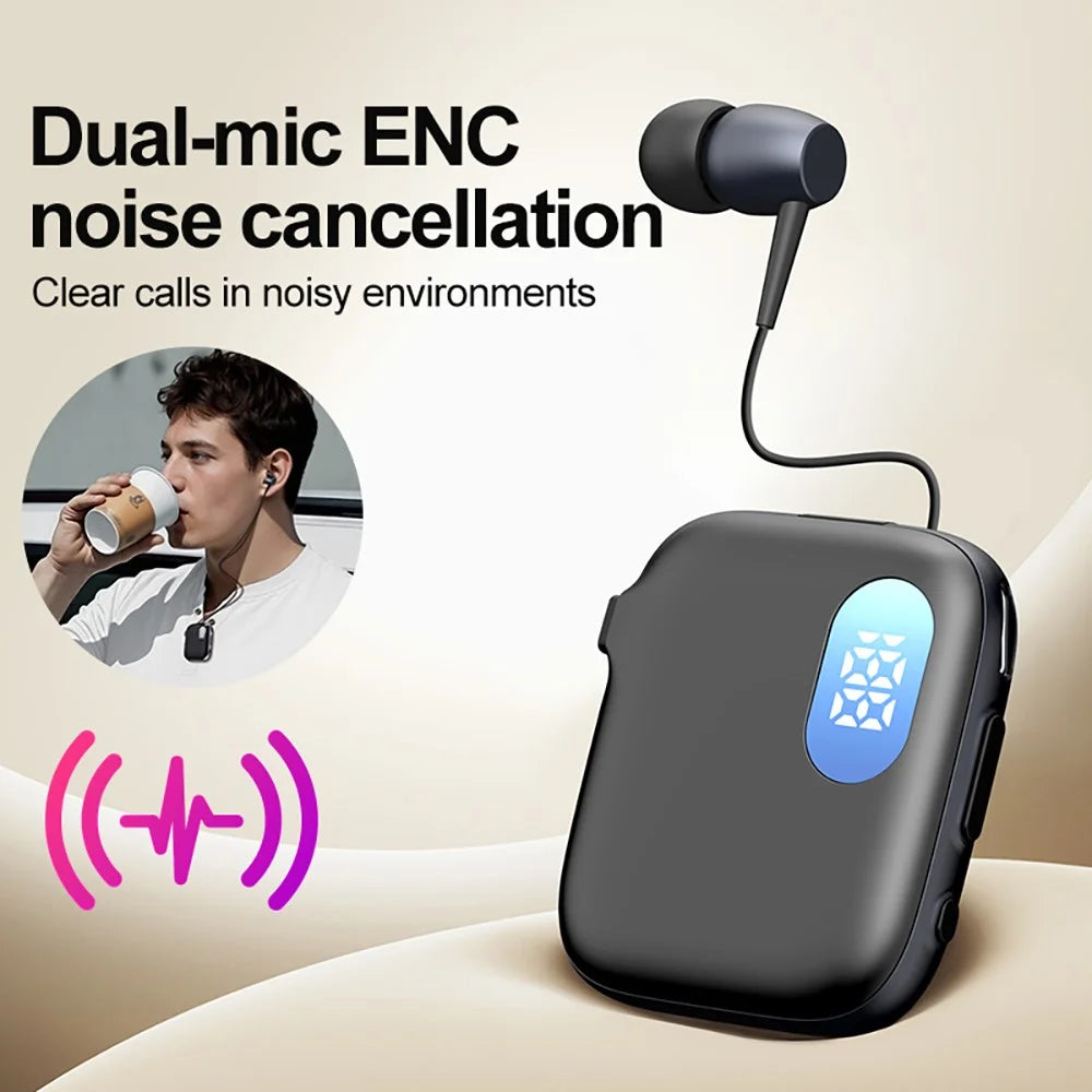 K91 In-Ear AI Retractable Bluetooth-compatible 6.0 Wireless Earphones LED Display ENC Noise Cancelling Clip-On Headset for Business Sports - Black / Grey - 3