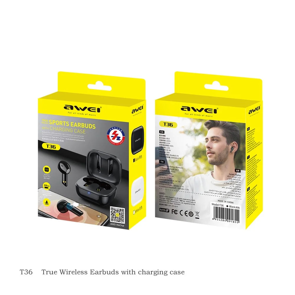 AWEI T36 TWS Bluetooth-compatible 5.0 Earphone Wireless Sport Waterproof Touch Stereo Headset with Mic - Black - 5