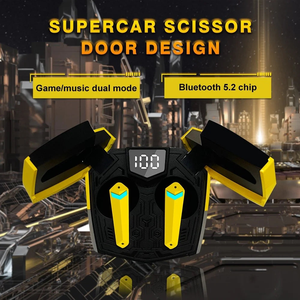 JX20 TWS Wireless Bluetooth-compatible 5.2 Noise Reduction Low-Latency Sports Headset Gaming Headphone with Digital Display Screen Charging Case - Yellow - 3