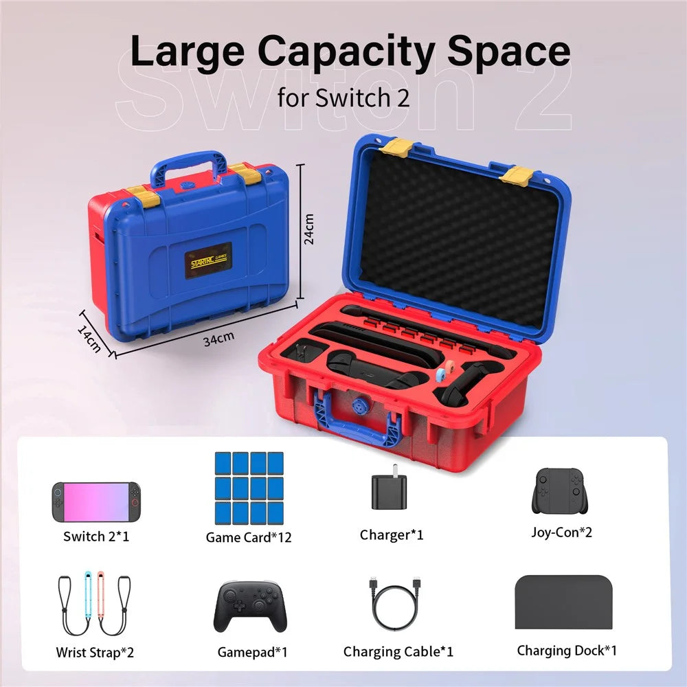 STARTRC GAMES For Nintendo Switch 2 Storage Case ABS Waterproof Portable Carrying Box with Shoulder Strap - Orange / Blue - 7
