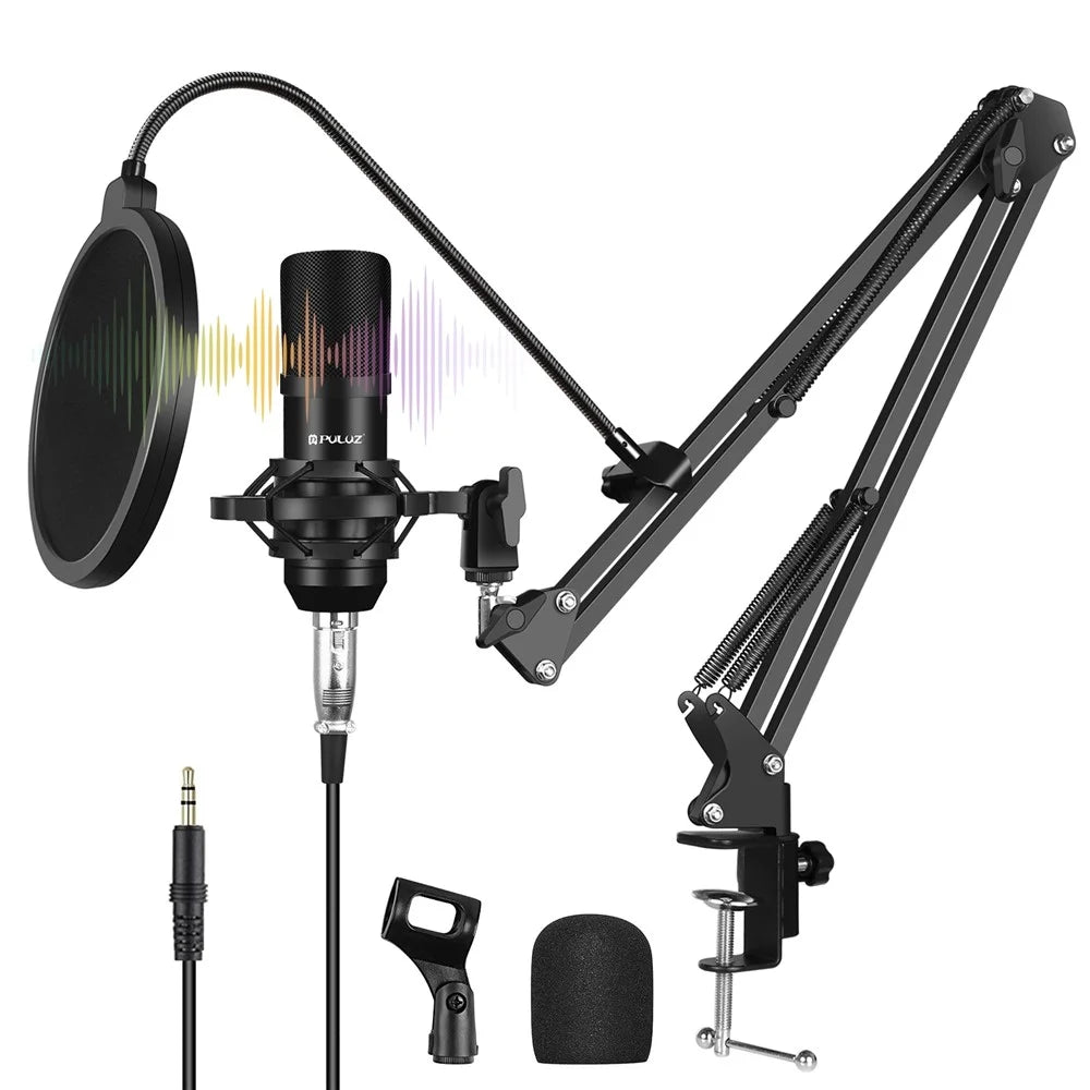 PULUZ Podcast Microphone USB Sound Card Kit Professional Studio Live Sound Mixer with Long Arm for Streaming/Gaming/Recording/Singing/Tiktok/YouTube/PC/Computer - Black - 1