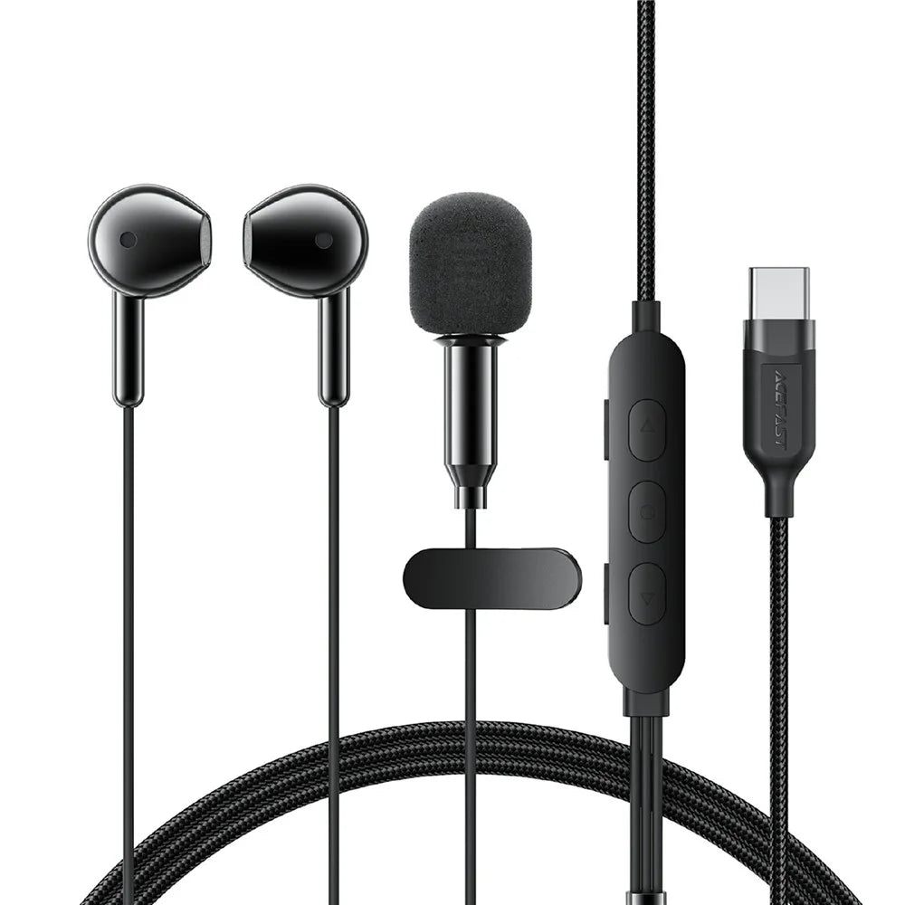 ACEFAST L12 USB-C Semi In-Ear Karaoke Wired Earphones Built-In Microphone for Live Streaming / Recording / Gaming - Black - 1