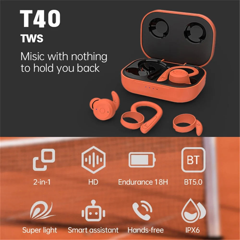 T40 Ear Hook Wireless Earphone IPX6 Waterproof Hands-free Touch Control Bending Sports Earbuds - Orange - 2