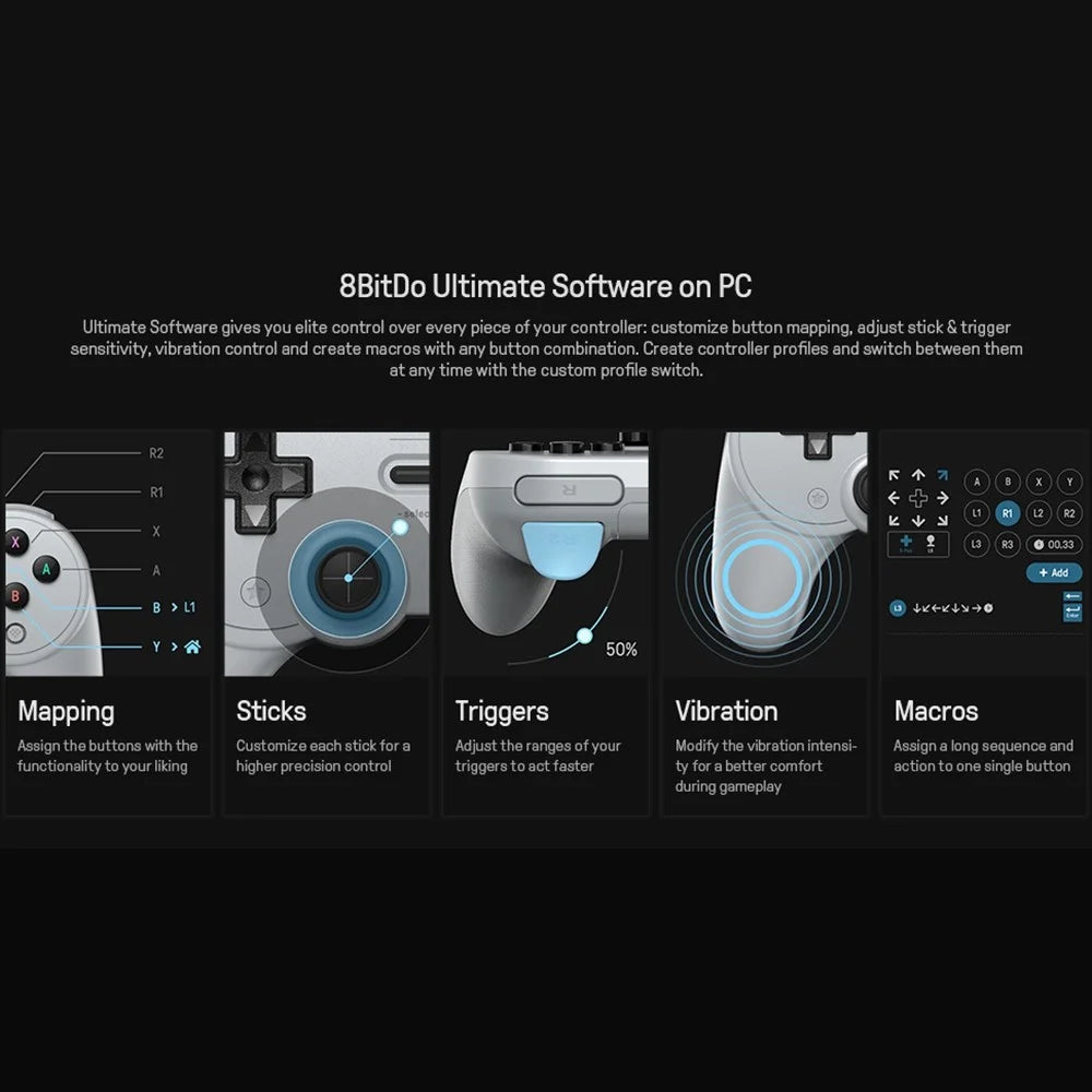 8BITDO Pro 2 Wired Controller Steam Game Console Gamepad with Modifiable Vibration for Nintendo Switch/Windows - Grey - 5