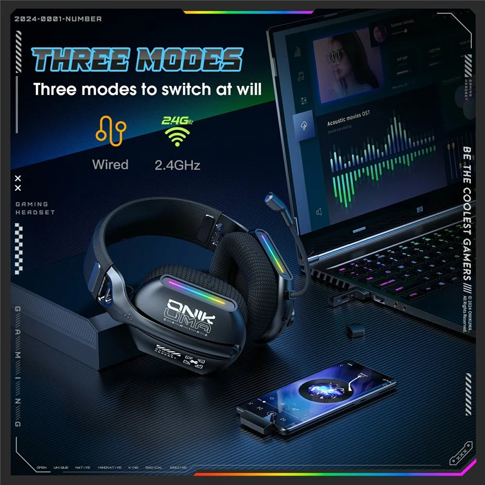 ONIKUMA GT808 Triple Mode Gaming Headset 60H Battery Life RGB Stereo Headphone for PC / PS5 / Xbox - 7