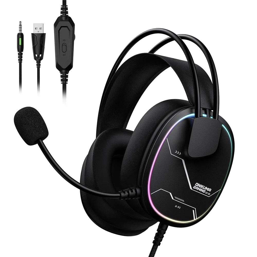 ONIKUMA X91 Gaming Headset Wired Over-Ear Headphones with Microphone RGB LED For PC / PS5 / Gaming - Black - 1