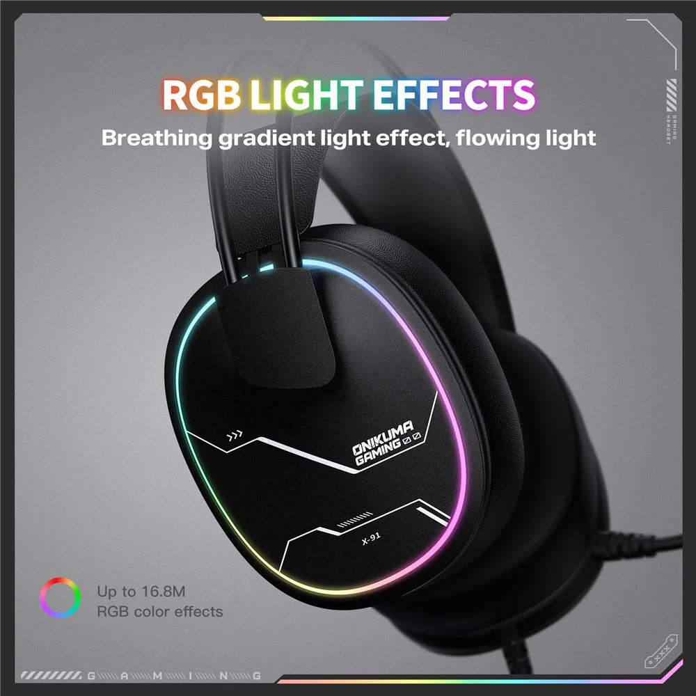 ONIKUMA X91 Gaming Headset Wired Over-Ear Headphones with Microphone RGB LED For PC / PS5 / Gaming - Black - 3